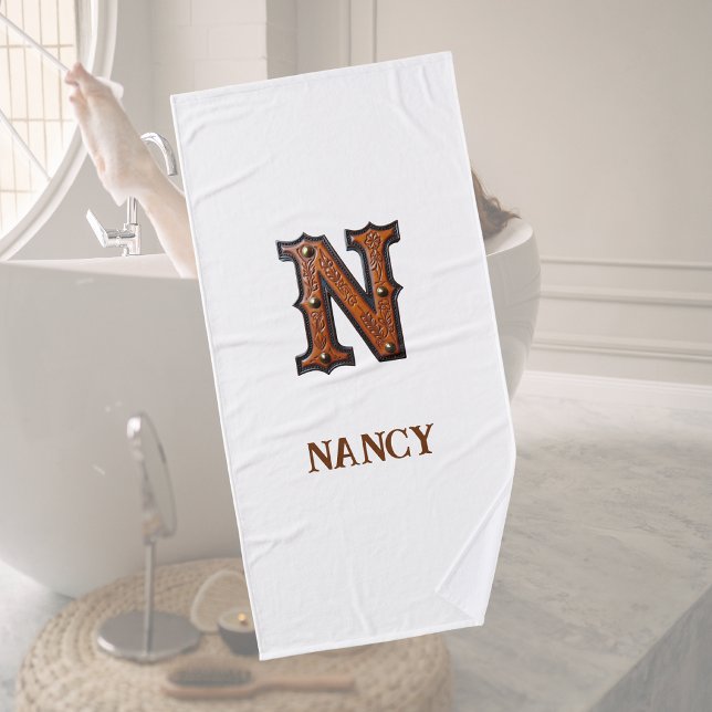 Western Tooled Leather Initial Monogram N Bath Towel (Creator Uploaded)