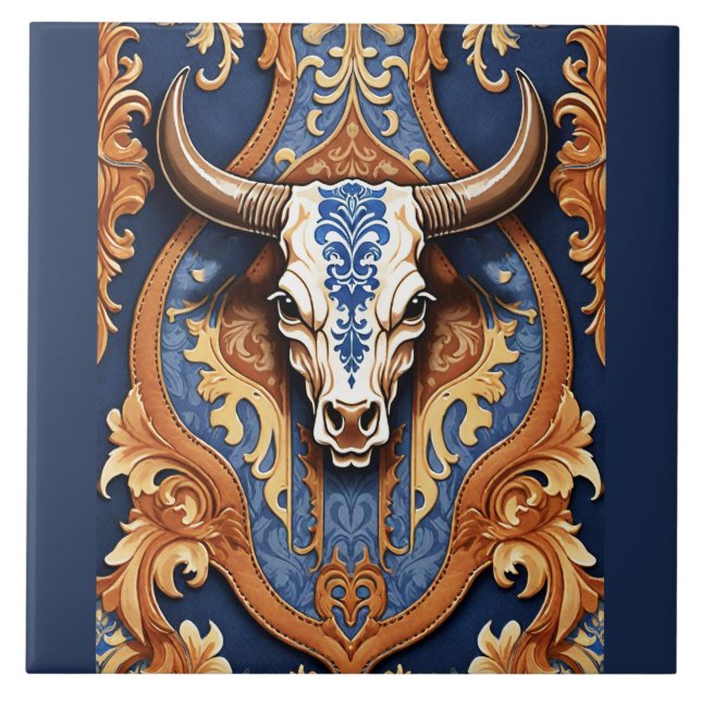 Western Tooled Leather Look Cow Head Tile (Front)