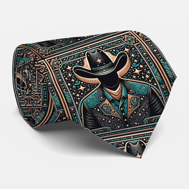 Western Tooled Leather Look Cowboy and Hat  Tie (Rolled)