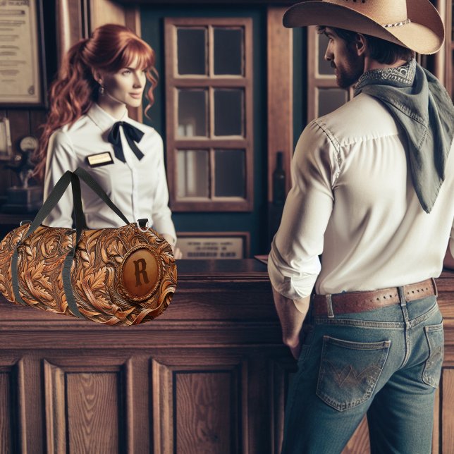 Western Tooled Leather Print Custom Initial Duffle Bag (Western Tooled Leather Collection 
Custom Initial  Duffle Bag)
