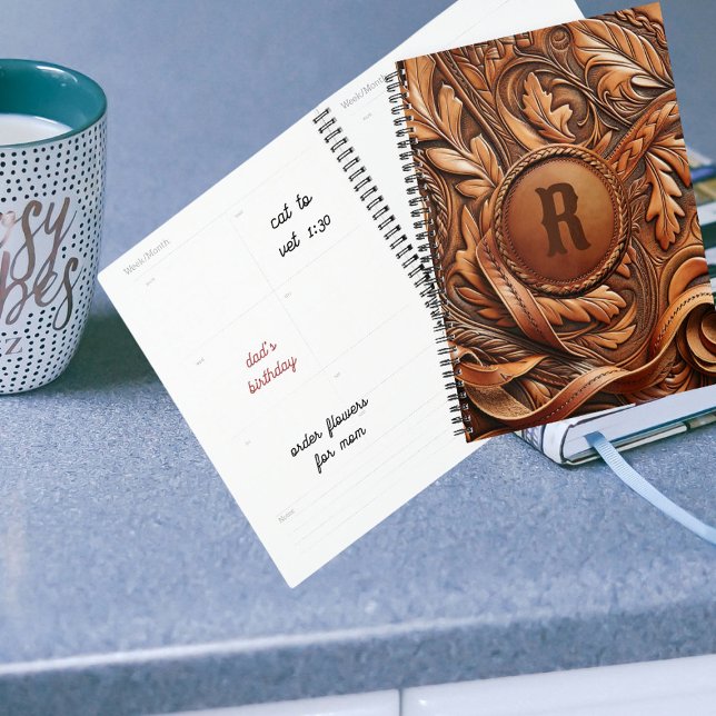 Western Tooled Leather Print Custom Initial  Planner (Western Tooled Leather Collection 
Custom Initial Planner)