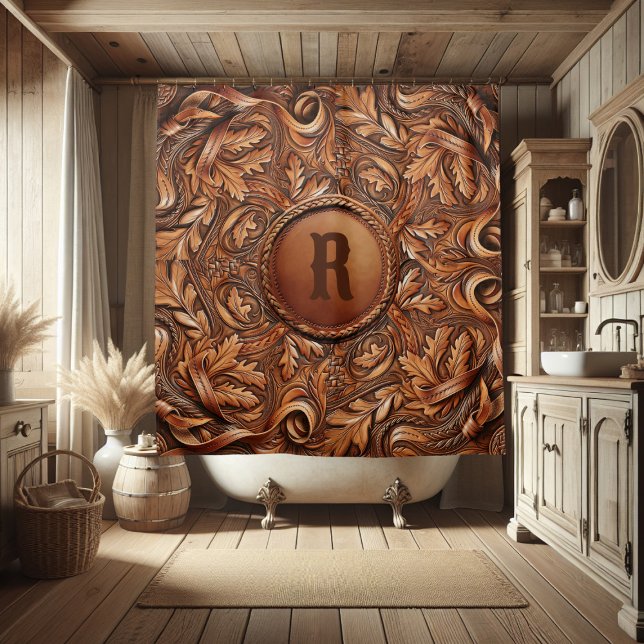 Western Tooled Leather Print Custom Initial  Shower Curtain (Western Tooled Leather Collection 
Custom Initial Shower Curtain)