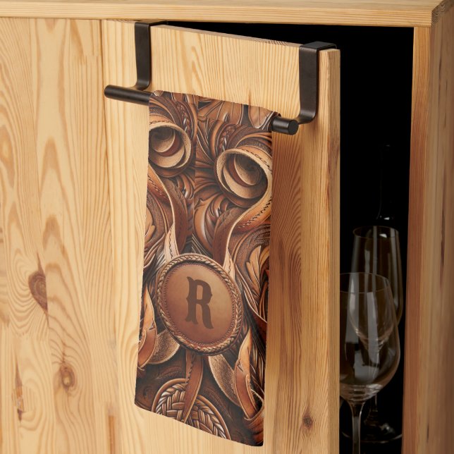 Western Tooled Leather Print Custom Initial  Tea Towel (Thirds Fold)