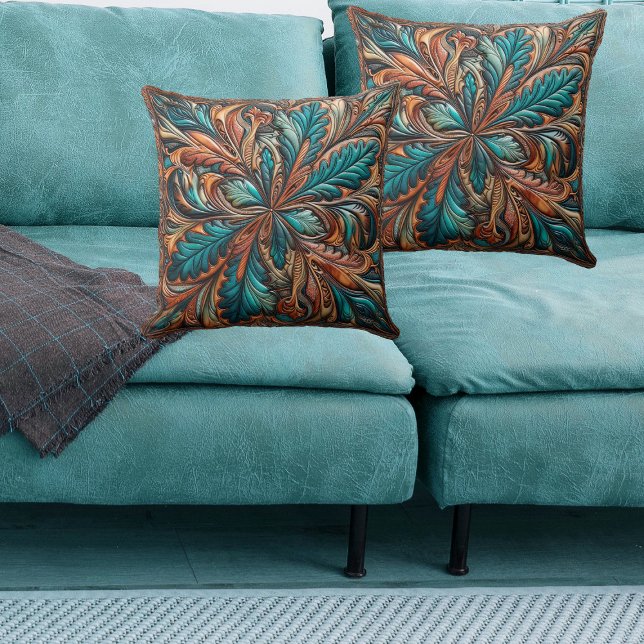 Western Tooled Leather Print Turquoise Copper Cushion (Western Tooled Leather Print Turquoise Copper Throw Pillow)