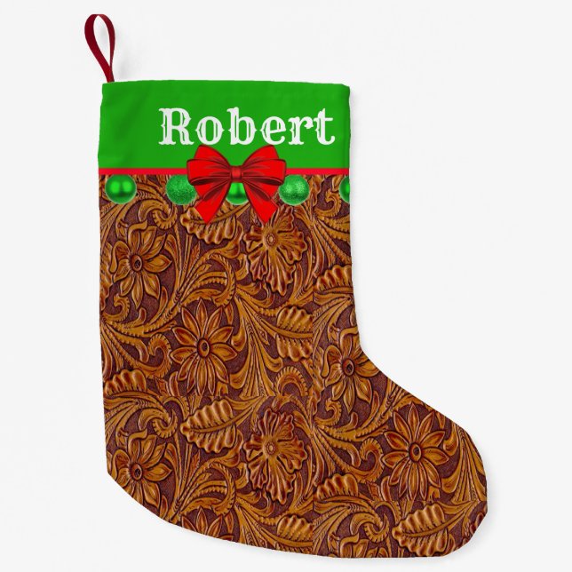 Western Tooled Leather Print With Ornaments Bow Small Christmas Stocking (Front)