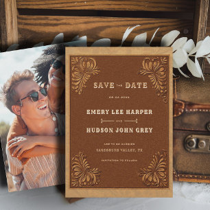 Western Tooled Leather Rustic Photo Wedding Save The Date