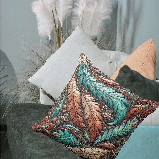 Western Tooled Leather Turquoise Feathers Cushion (Western Tooled Leather Turquoise Feathers Throw Pillow)
