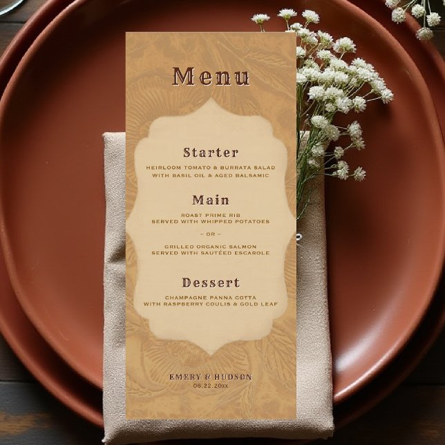 Western Tooled Rustic Bronze Terracotta Wedding Menu (country rustic cowboy wedding menu faux tooled leather terracotta bronze rust copper western barn)