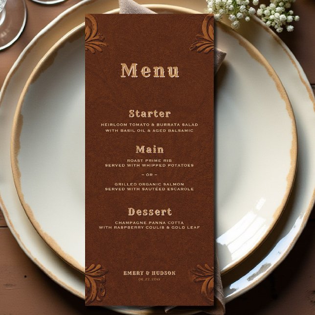 Western Tooled Terracotta Rustic Cowboy Wedding Menu (country rustic cowboy wedding menu faux tooled leather terracotta rust copper western barn)