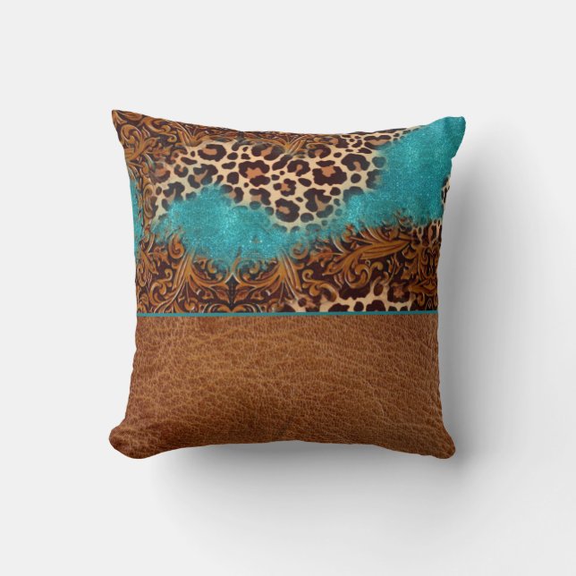 Western Turquoise Glitter Flourish Leather Leopard Cushion (Front)