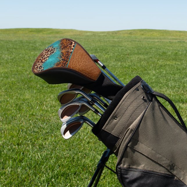 Western Turquoise Glitter Flourish Leather Leopard Golf Head Cover (In Situ)