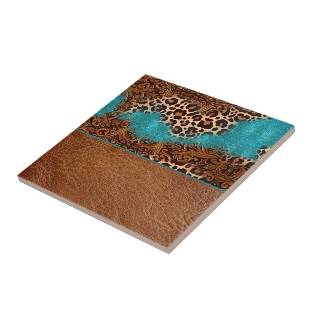 Western Turquoise Glitter Flourish Leather Leopard Tile (Side)