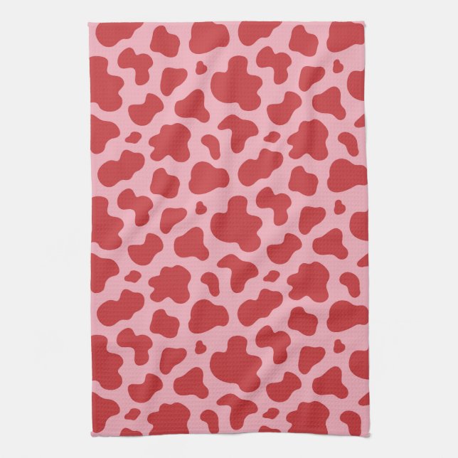Western Valentines Day Cow Print Cowgirl Pink Red Tea Towel (Vertical)