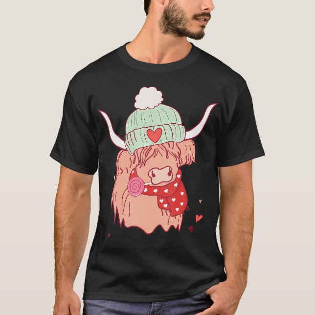 Western Valentines Day Cute Highland Cow Eating A  T-Shirt (Front)