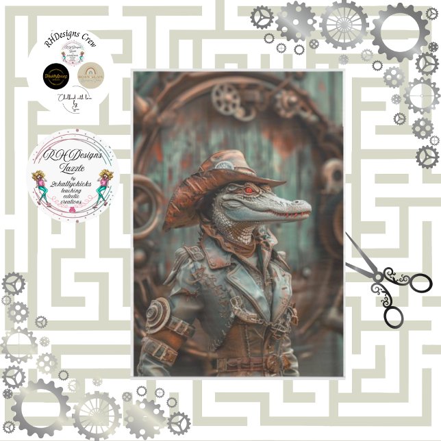 Western Victorian Steampunk Lady Gator Decoupage Tissue Paper (Creator Uploaded)