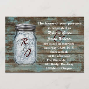 western vintage barnwood lace mason jar wedding invitation