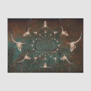 Western Vintage Brown Teal Texture Bull Skull Tissue Paper
