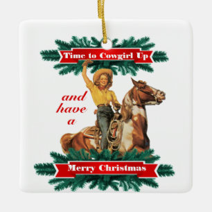 Western Vintage Cowgirl Up Merry Christmas  Ceramic Ornament