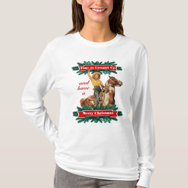 Western Vintage Cowgirl Up Merry Christmas T-Shirt (Front)