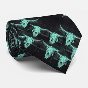 Western Vintage Teal Black Rustic Bull Skull Tie