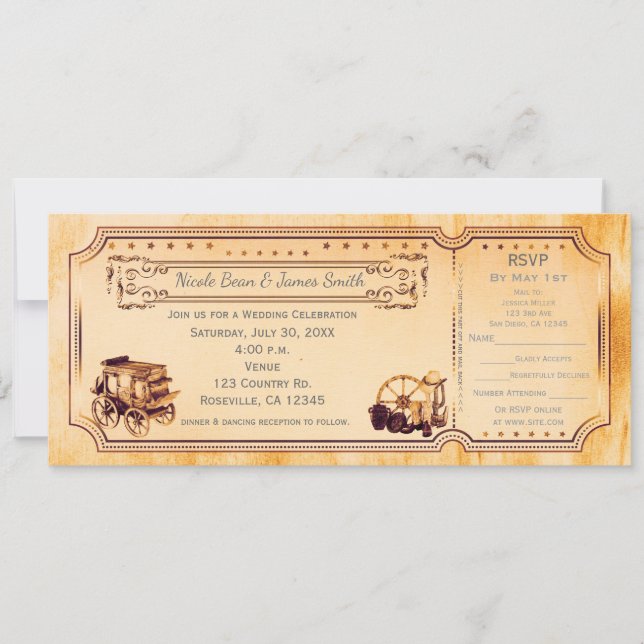 Western Vintage Wedding Ticket Invitation & rsvp (Front)