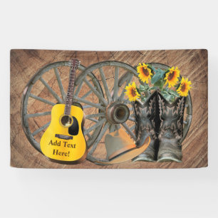 Western Wagon Wheel Guitar Cowboy boots Sunflower  Banner