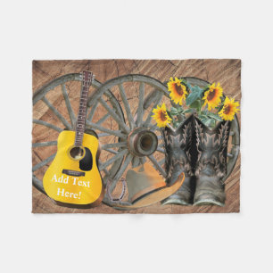 Western Wagon Wheel Guitar Cowboy boots Sunflower Fleece Blanket