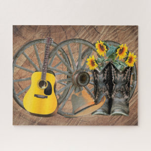 Western Wagon Wheel Guitar Cowboy boots Sunflower  Jigsaw Puzzle