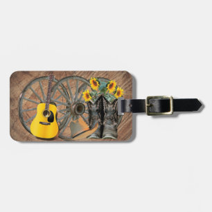 Western Wagon Wheel Guitar Cowboy boots Sunflower  Luggage Tag