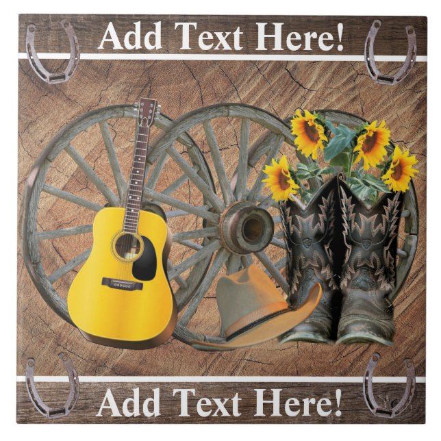 Western Wagon Wheel Guitar Cowboy boots Sunflower  Tile (Front)