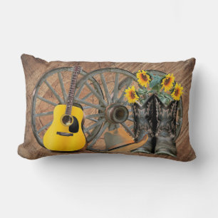 western Wagon Wheel Guitar Cowboy boots Sunflowers Lumbar Cushion