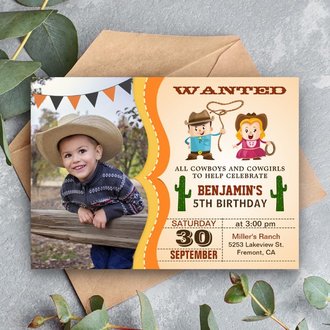 Western Wanted Cowboy Photo Birthday Party Invitation (Creator Uploaded)