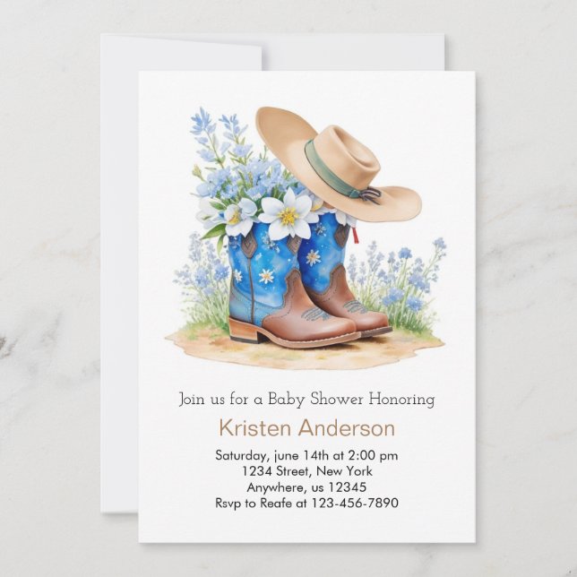 Western Watercolor Boots and Hat Baby Shower Invitation (Front)
