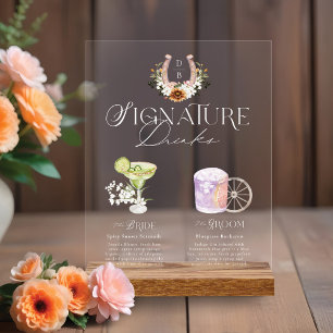 Western Watercolor Bride & Groom Signature Drinks  Acrylic Sign