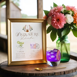 Western Watercolor Bride & Groom Signature Drinks Poster