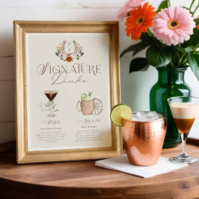 Western Watercolor Bride & Groom Signature Drinks Poster (Western Watercolor Bride & Groom Signature Drinks Poster)