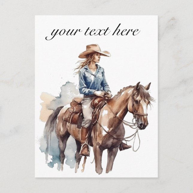 Western Watercolor Brunette Cowgirl, custom Postcard (Front)