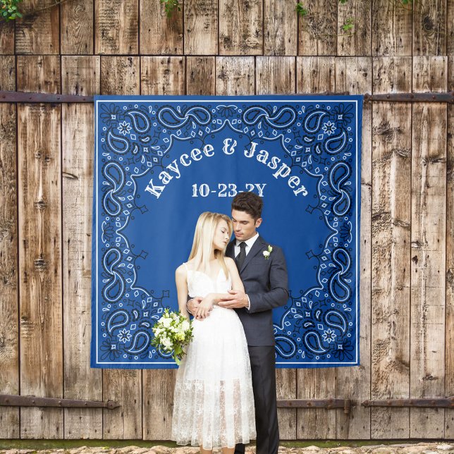 Western Wedding Blue Bandanna Photo Backdrop Tapestry (Blue bandana photo backdrop for a your country or western wedding)