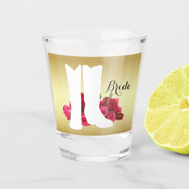 Western Wedding Cowboy Boots And Roses  Bride Shot Glass (Front)