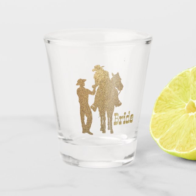 Western Wedding Cowboy Cowgirl Bride On Horse Shot Glass (Front)