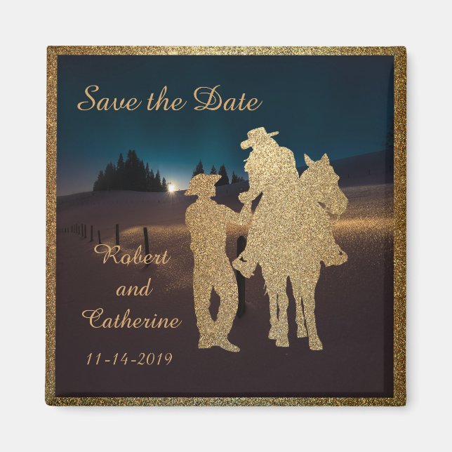 Western Wedding Cowboy Cowgirl Save The Date Magnet (Front)