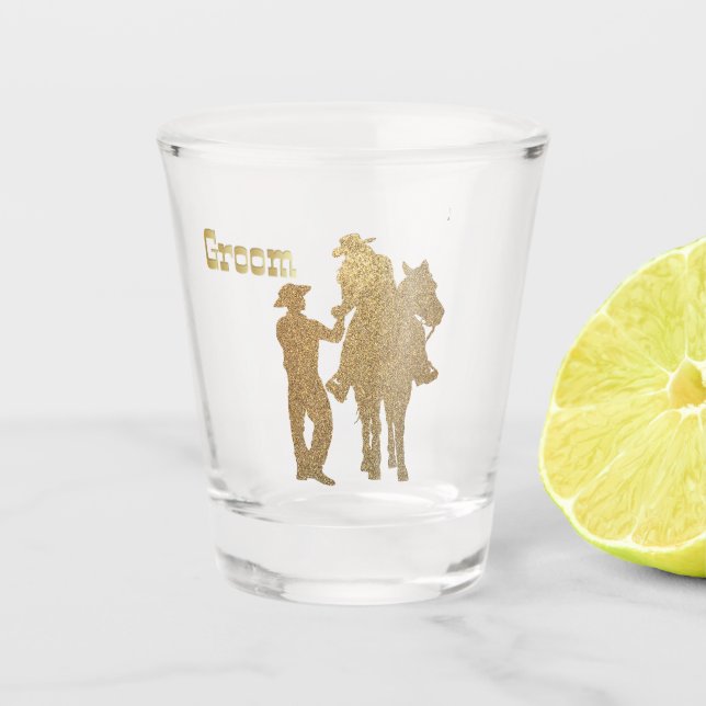 Western Wedding Cowboy Groom Cowgirl On Horse Shot Glass (Front)