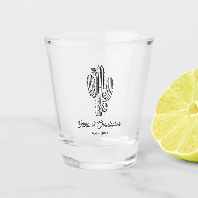 Western Wedding Favour Hand Drawn Cactus Shot Glass (Front)