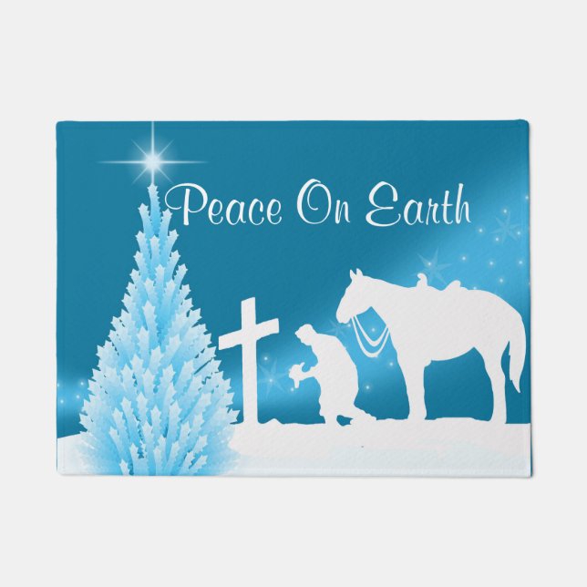 Western Welcome Cowboy Praying Winter Scene Doormat (Front)