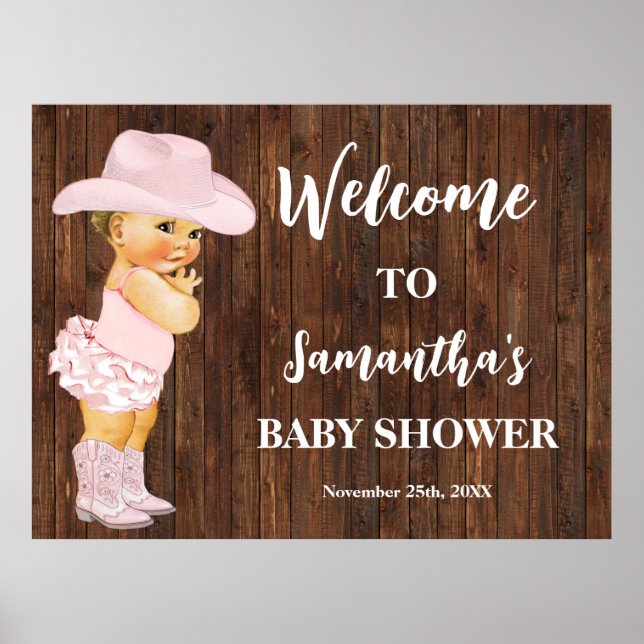 Western Welcome Little Pink Cowgirl Baby Shower Poster (Front)