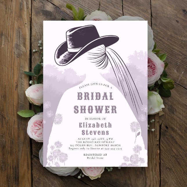 Western Wildflowers Rustic Lavender Bridal Shower Invitation (western bridal shower invitation prairie wildflowers cowgirl cowboy hat lavender lilac purple pink)