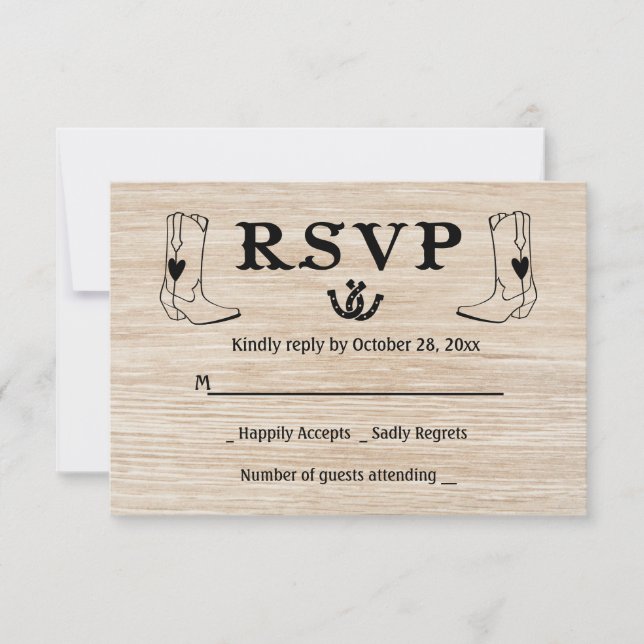 Western Wood RSVP Country Wedding Cowboy Boots R Card (Front)