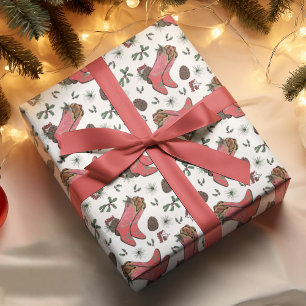 Western Xmas Cowboy Boots, Pinecones & Berries Wrapping Paper