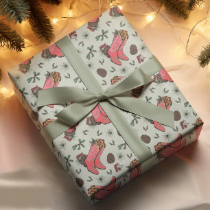 Western Xmas Cowboy Boots, Pinecones & Berries Wrapping Paper