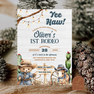 Western Yeehaw Bear Cowboy First Rodeo Birthday Invitation